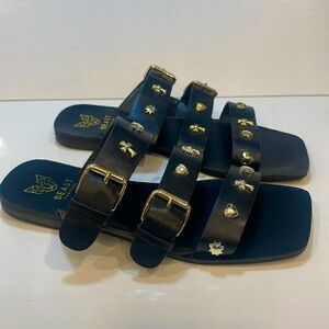 Strap Sandals black Beast Fashion with buckles and cross heart star studs 7.5